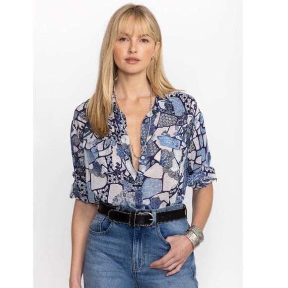 Johnny Was Tops - Johnny Was Moonlight Leya Button Up Cupra Multiprint Patchwork Pattern Size XS